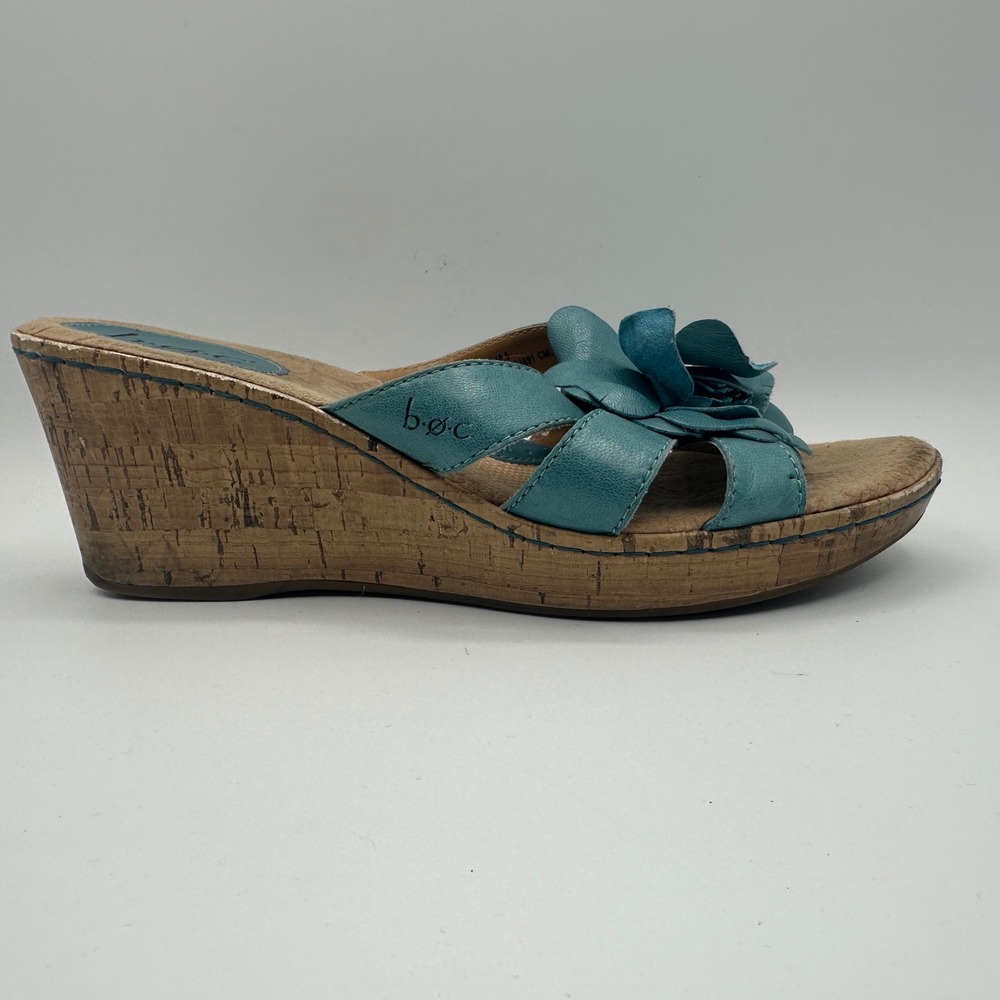 b.o.c. Wedge Sandals Womens 9 Teal Blue Leather Floral Flower Cork Slides Born